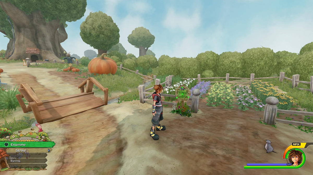 Check the sign at the flower patch to play Pooh’s Hunny Harvest / Kingdom Hearts 3