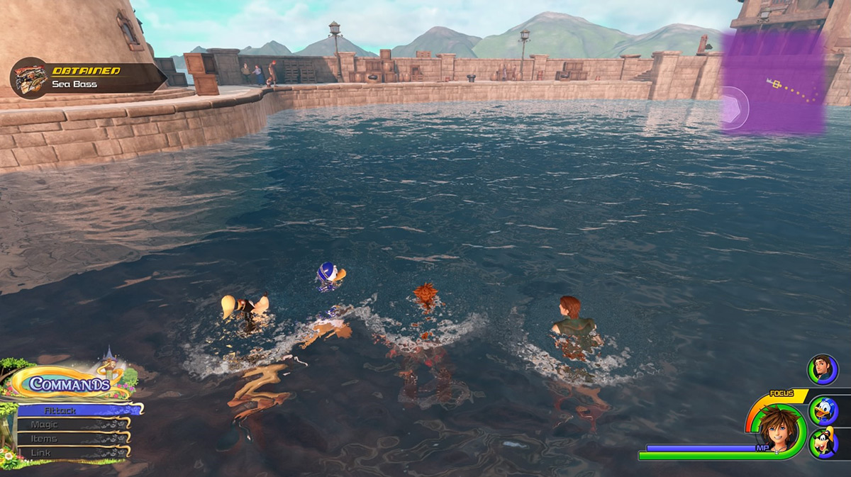 Find Sea Bass around western side of the lake in The Kingdom / Kingdom Hearts 3