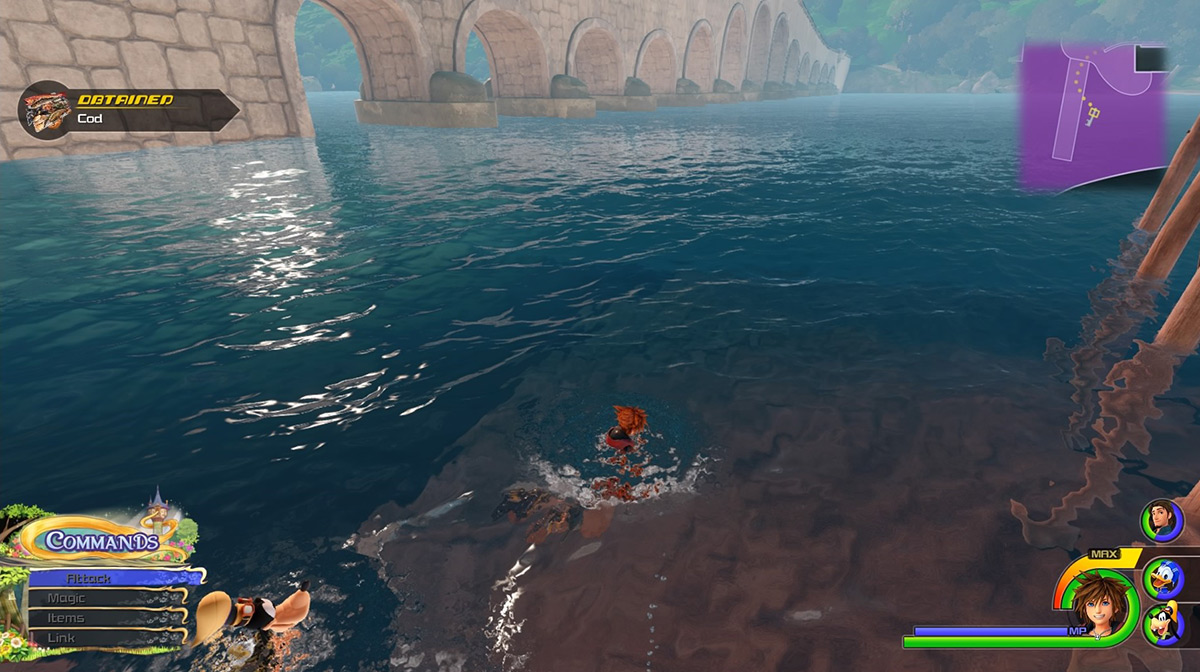 Jump in the water beside the pier and examine the bubbles to obtain Cod / Kingdom Hearts 3