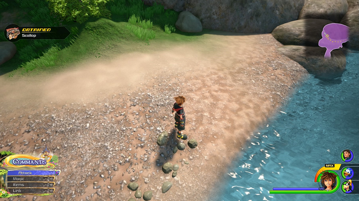 Search the edge of the lake to find Scallops / Kingdom Hearts 3