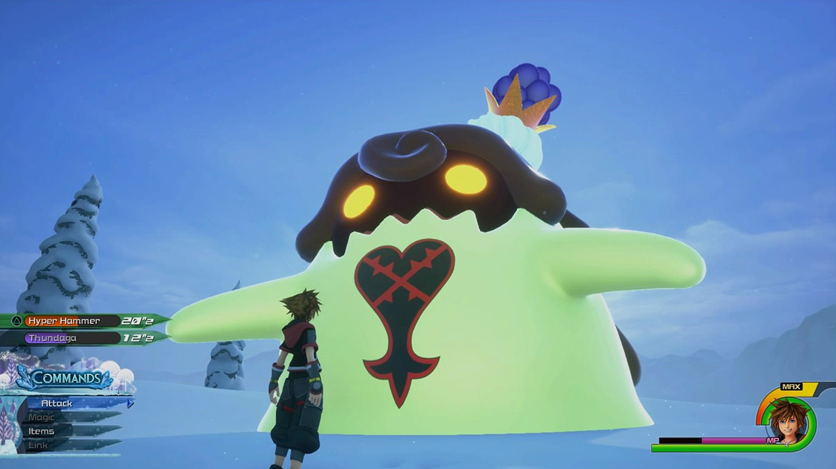 The giant Grape Flan emerges in front of Sora / Kingdom Hearts 3