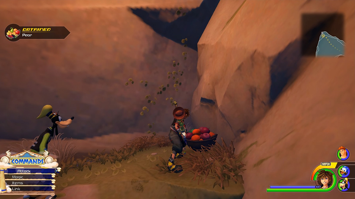 The lone fruit basket at the Cliff Ascent contains Pears / Kingdom Hearts 3