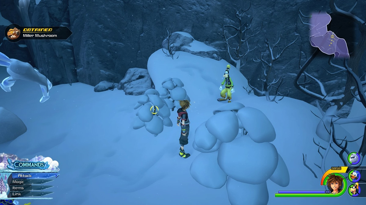 The Miller Mushroom spot is under the snow covered bushes / Kingdom Hearts 3