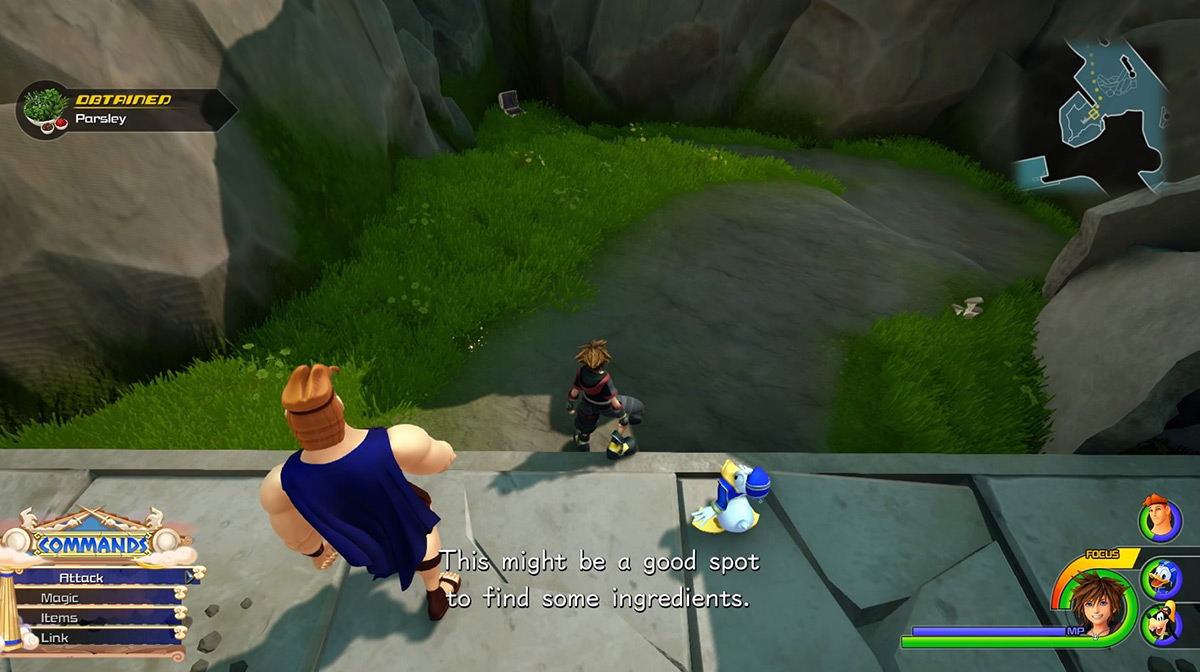 The nook behind a broken wall at The Big Olive has a Parsley herb spot  / Kingdom Hearts 3