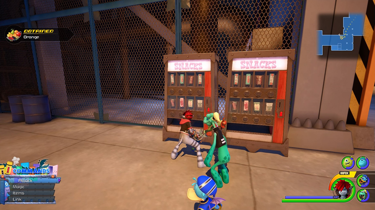 The vending machine at the Lower Level randomly gives Oranges / Kingdom Hearts 3