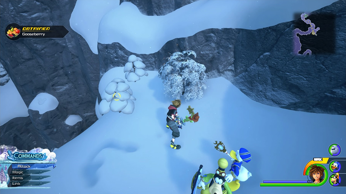 Climb the cliff northeast of the Snowfield to find Gooseberries  / Kingdom Hearts 3