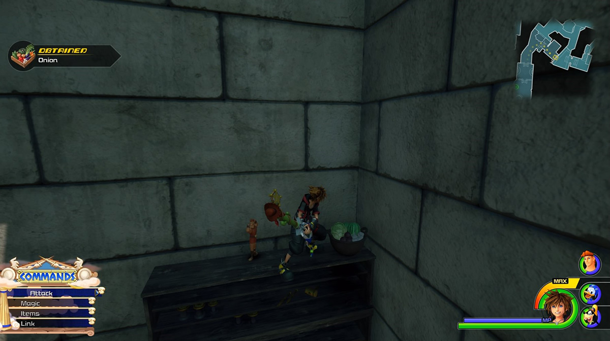 Enter the building northeast of the Gardens save point to find Onions / Kingdom Hearts 3