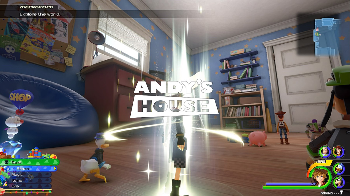 Sora and friends arrive at the Andy’s House save point / Kingdom Hearts 3