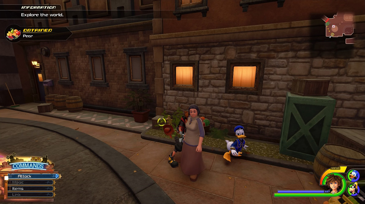 The fruit basket south of the Tram common save point randomly gives Pears / Kingdom Hearts 3