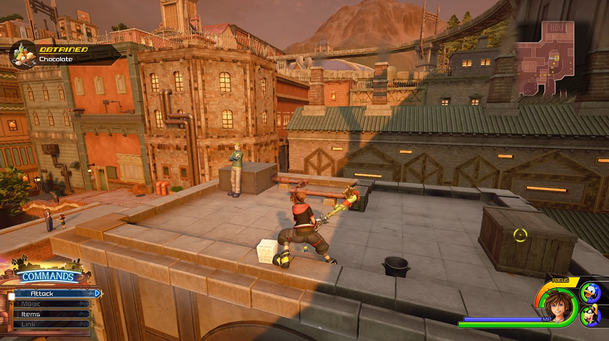 The lunch box on the rooftop to the northeast randomly gives Chocolate / Kingdom Hearts 3