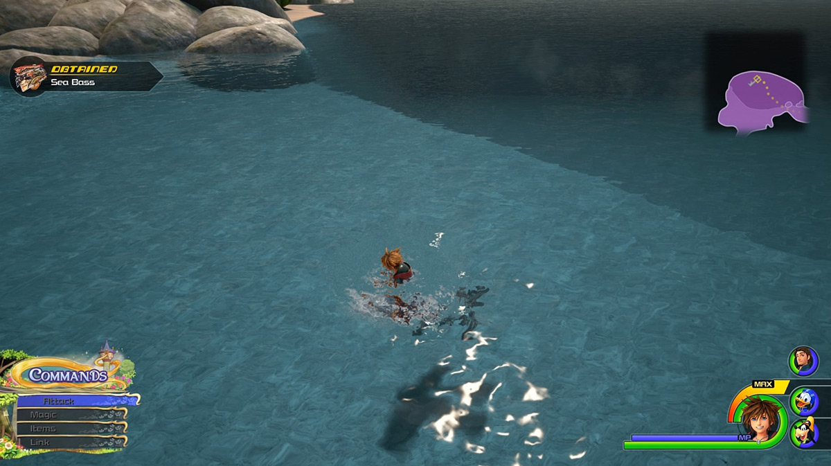 The small lake in the Shore area has bubbling spots that give Sea Bass / Kingdom Hearts 3