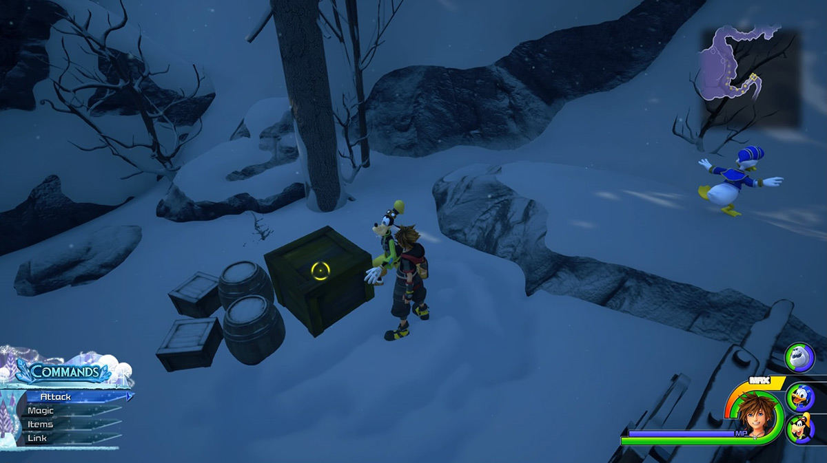 A yellow crate on the southeastern end of the Snowfield contains Carrots / Kingdom Hearts 3