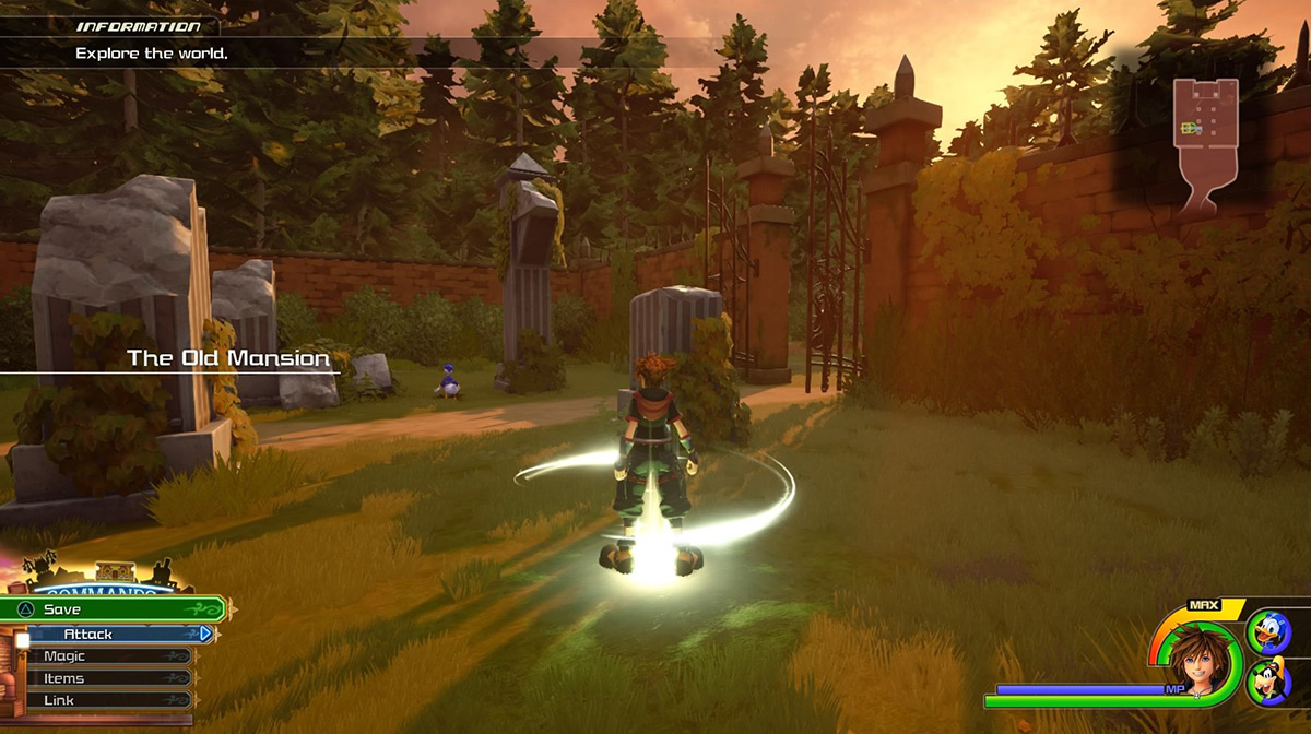 Go south of The Old Mansion to reach The Woods / Kingdom Hearts 3