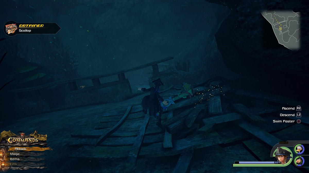 Search the southeastern side of the Huddle Isles to find Scallops / Kingdom Hearts 3