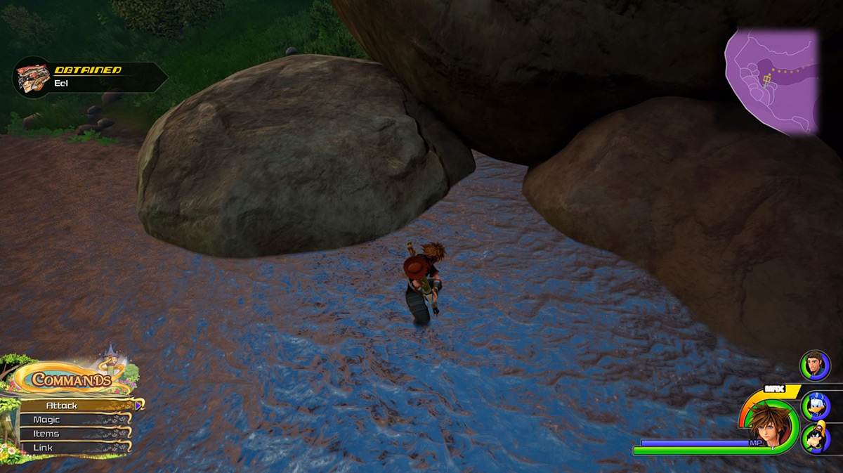 Search the stream flowing around the Tower to find Eel / Kingdom Hearts 3