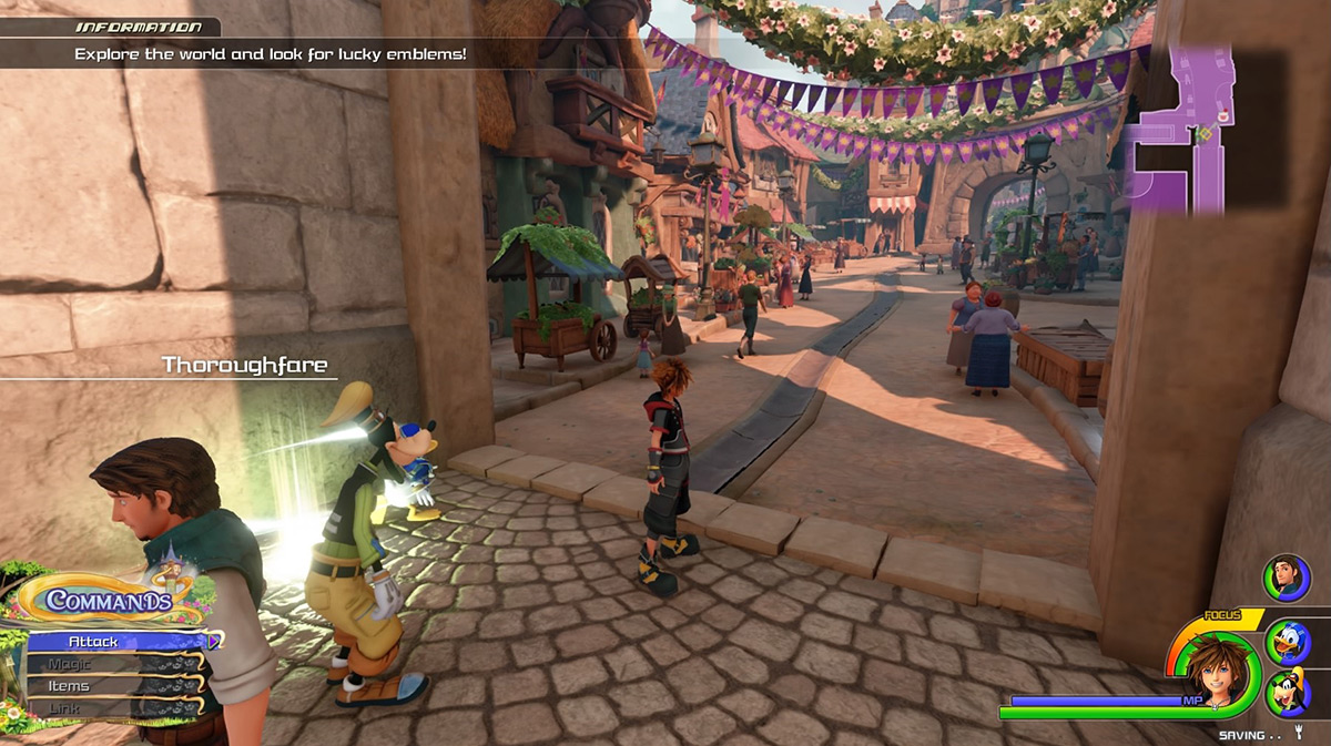 Sora arrives at the Thoroughfare save point / Kingdom Hearts 3