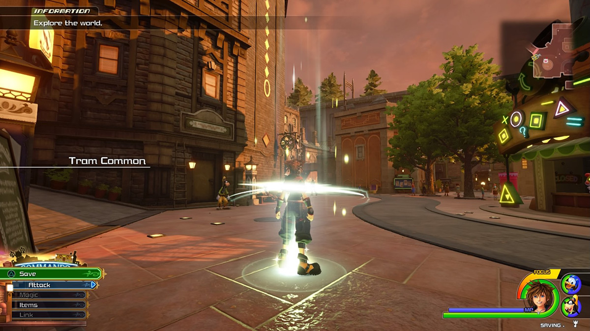 Sora arrives at the Tram Common save point / Kingdom Hearts 3