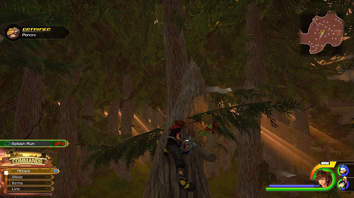 Check the mushrooms at the top of a leaning tree to obtain Porcini / Kingdom Hearts 3