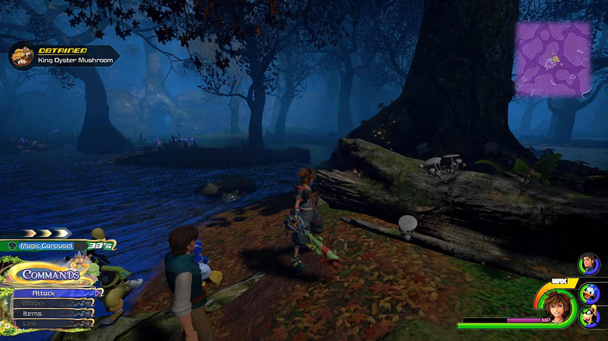 Check the tree bark at the center of the Marsh to get King Oyster Mushrooms / Kingdom Hearts 3