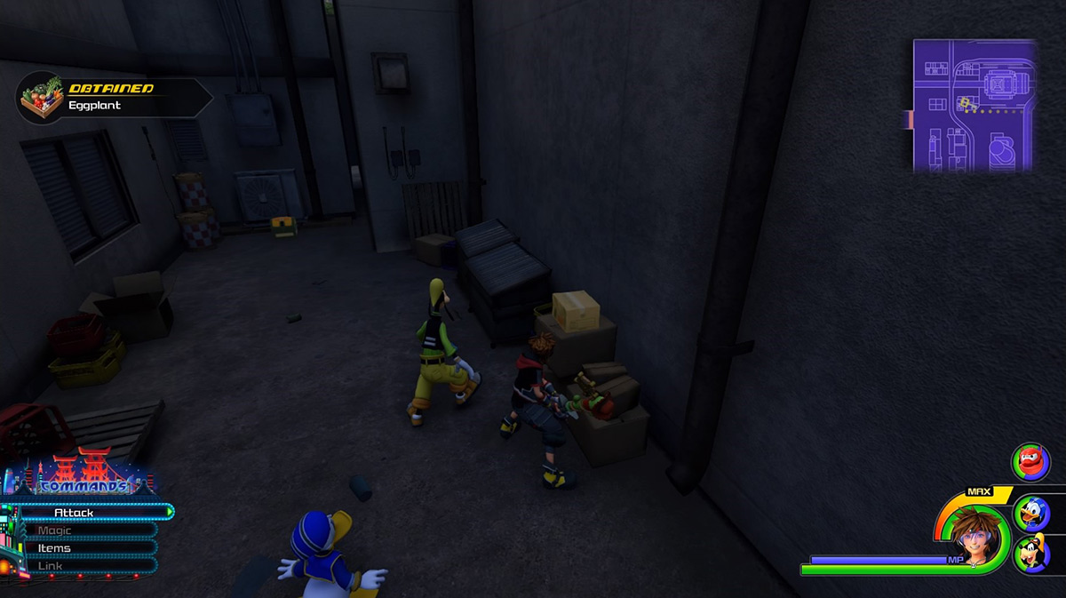 Look for a vegetable box in a back alley to the northwest to get Eggplants / Kingdom Hearts 3