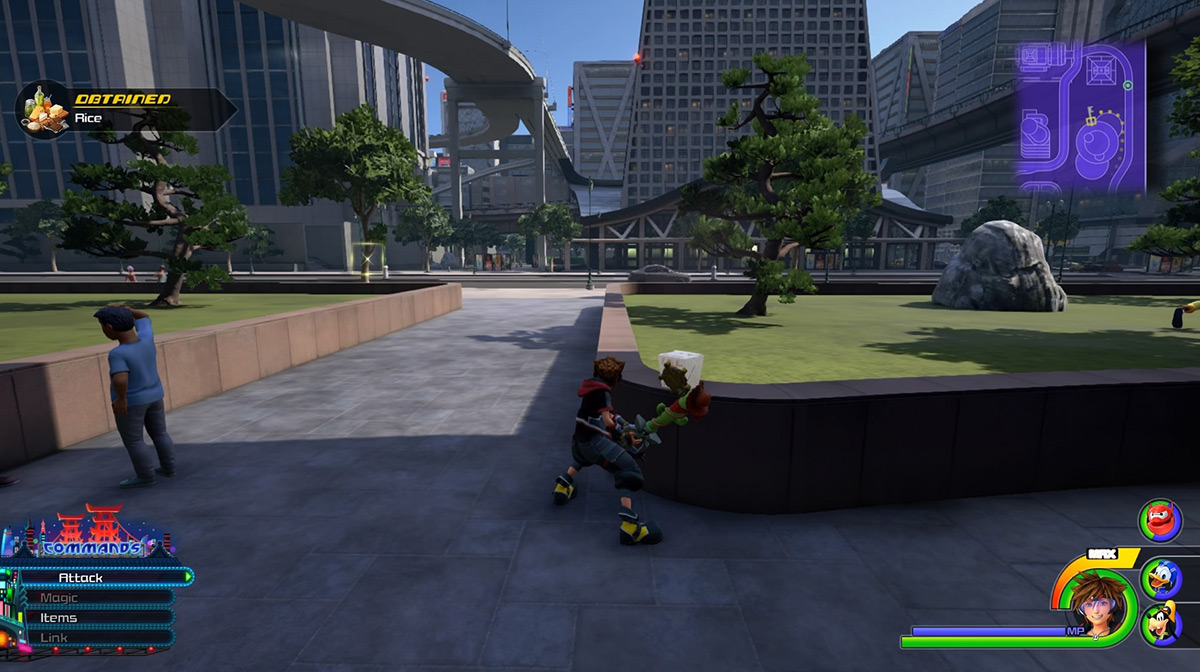 The lunch box under the circular building randomly contains Rice / Kingdom Hearts 3