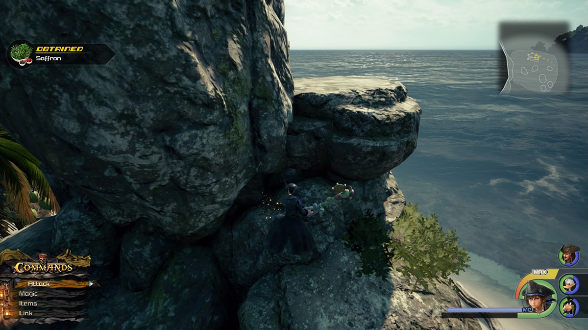 Climb on the ledge of a rock on the Isle of Luck to get Saffron / Kingdom Hearts 3