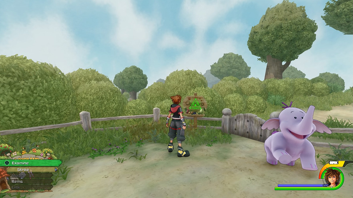 Examine the sign next to Lumpy to play Lumpy’s Fruit Parade / Kingdom Hearts 3