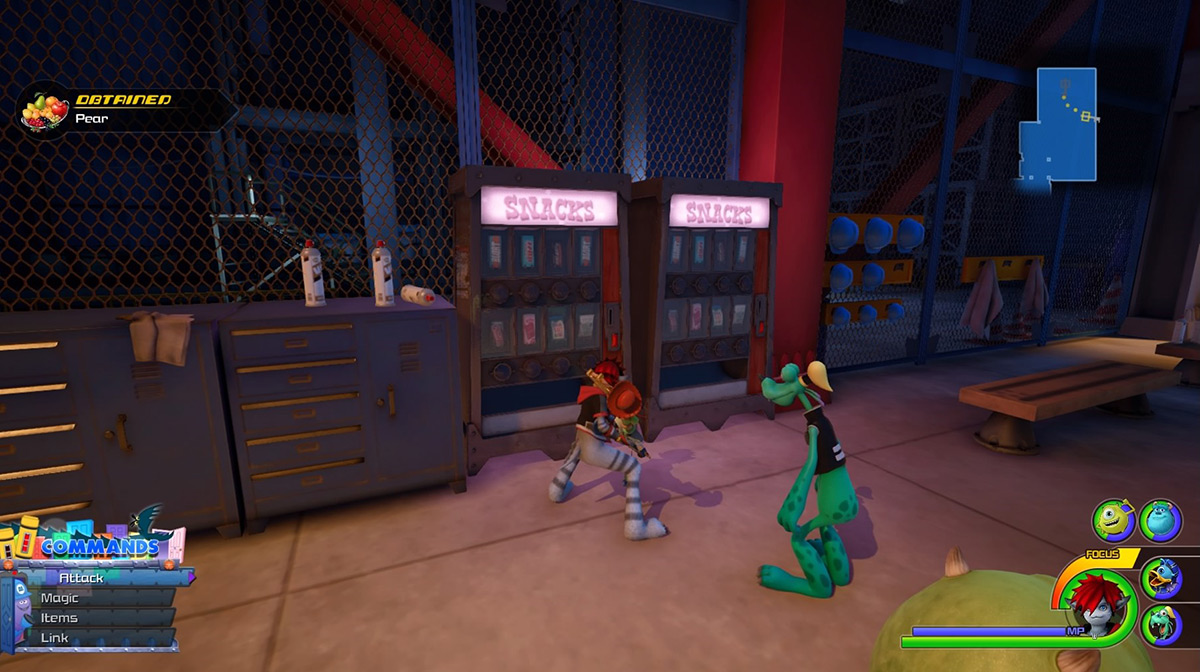 Hit the vending machine near the Lower Level entrance to get Pears / Kingdom Hearts 3