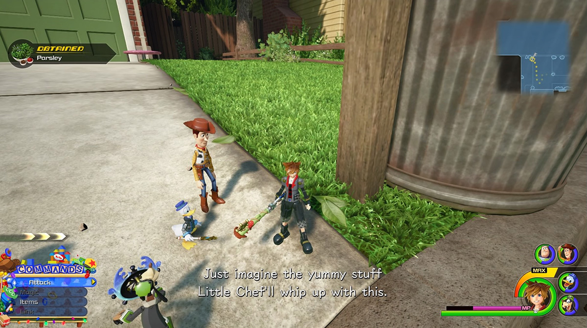 Check under the trash can near the road to find more Parsley / Kingdom Hearts 3