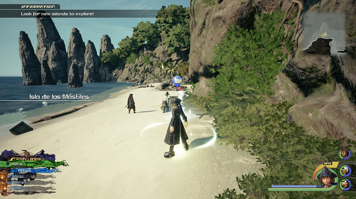 Head east towards the cave from the save point in Isla de los Mástiles / Kingdom Hearts 3