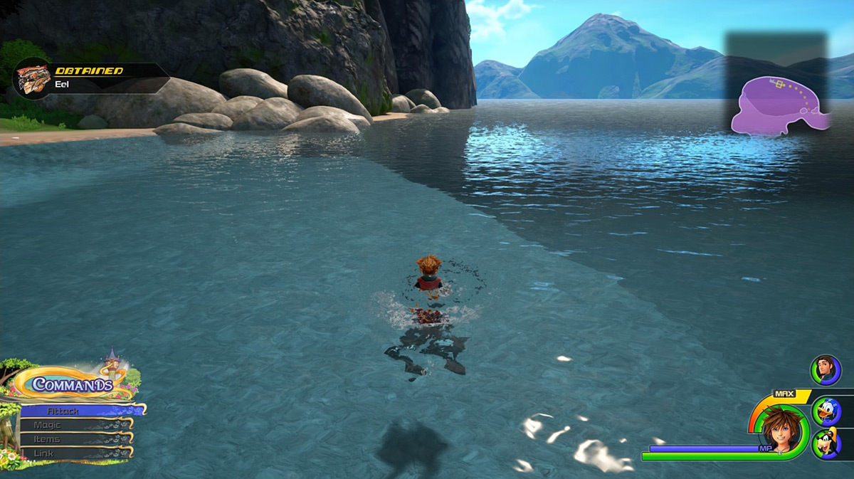 The lake in the Shore area has a bubbling spot that gives Eel / Kingdom Hearts 3