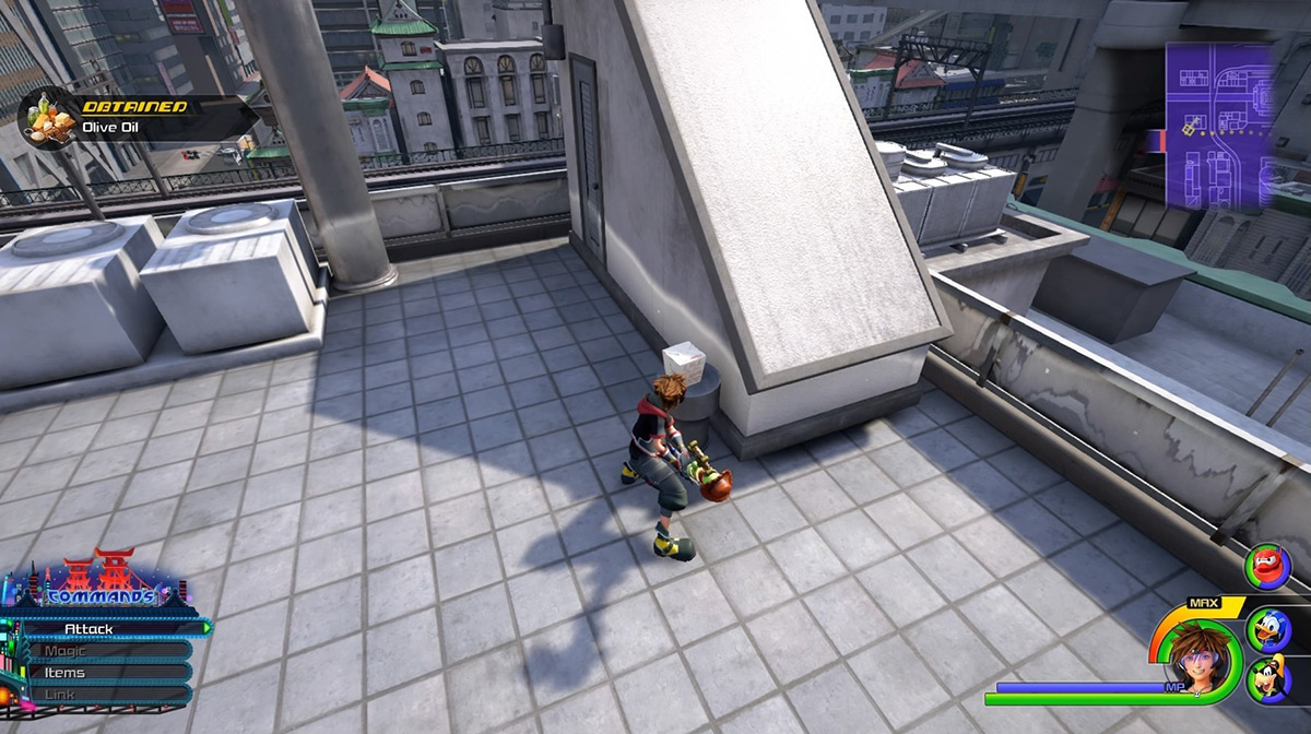 The lunch box on the rooftop in the North District contains Olive Oil / Kingdom Hearts 3