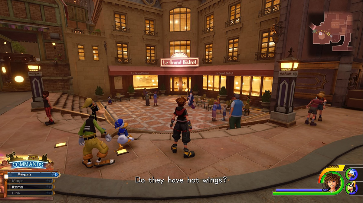 Sora standing before the Le Grand Bistrot / Kingdom Hearts 3