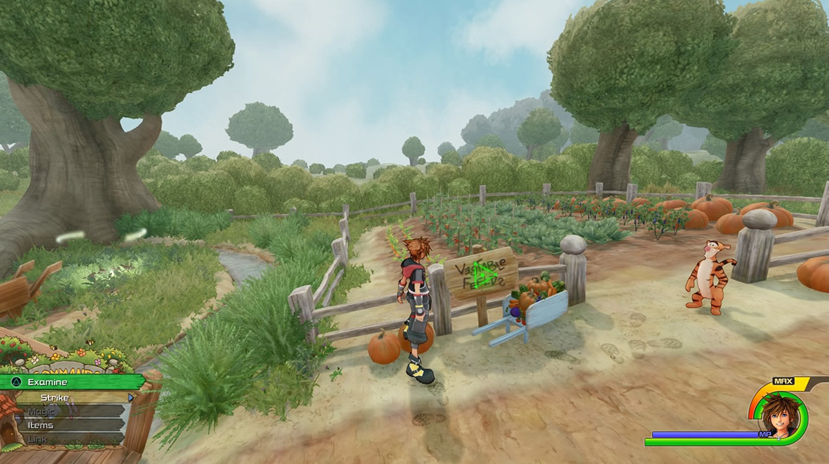 Inspect the sign next to Tigger to play Tigger’s Vegetable Spree / Kingdom Hearts 3