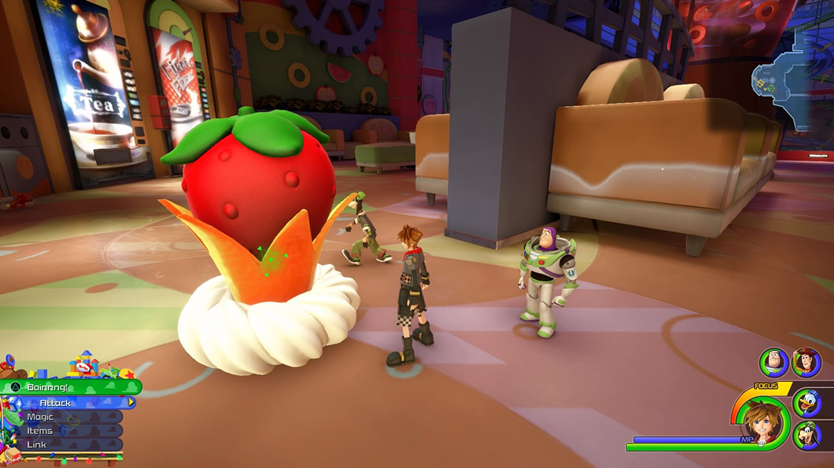 Find the giant strawberry behind the couches in the Rest Area / Kingdom Hearts 3