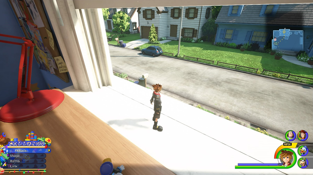 Jump out of the window to enter Andy’s front yard / Kingdom Hearts 3