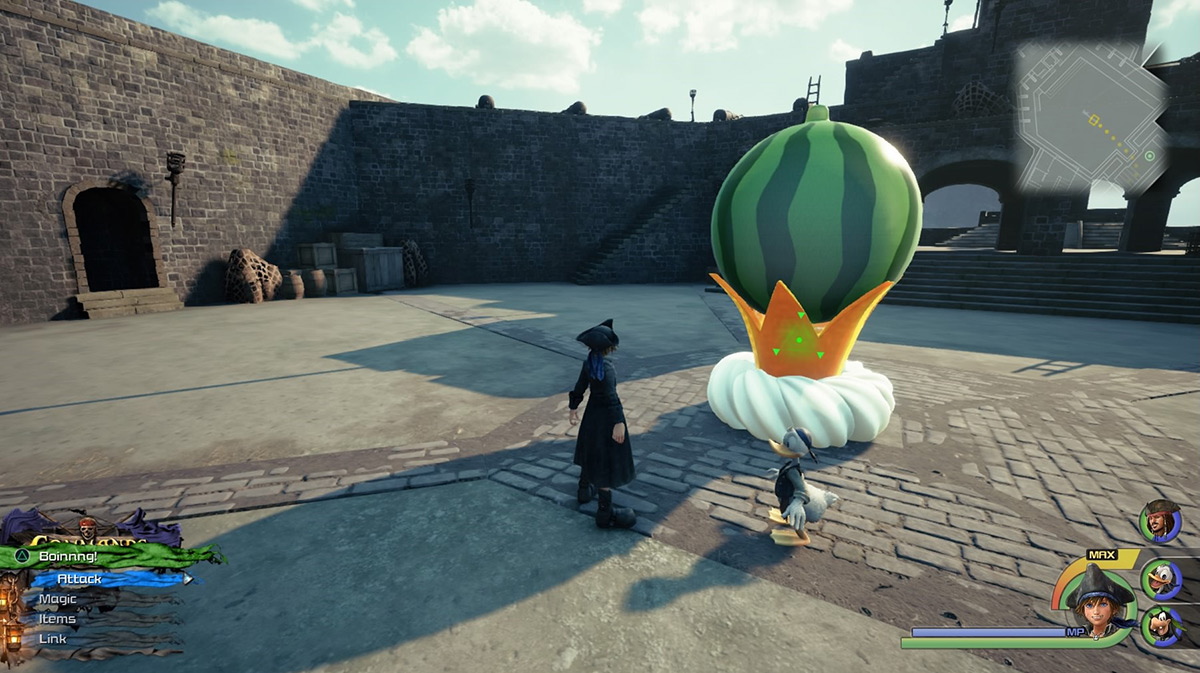 Sora examines the giant watermelon at the Fort / Kingdom Hearts 3