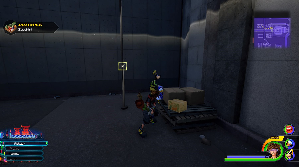 Find the vegetable box in a back alley in the North District to obtain Zucchini / Kingdom Hearts 3