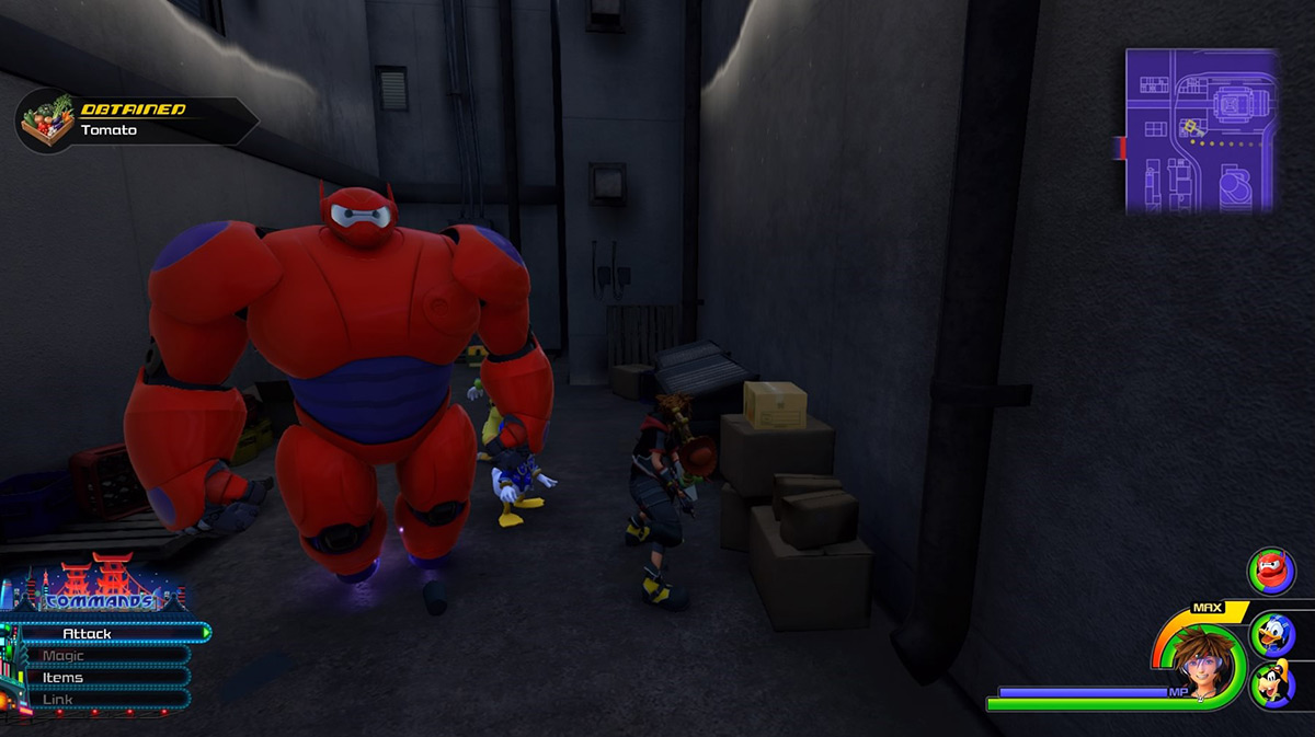 Find a vegetable box containing Tomatoes in an alleyway in the North District / Kingdom Hearts 3