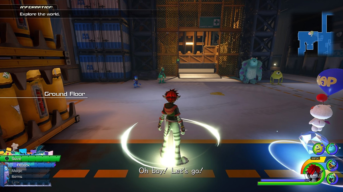 Head for the elevator right in front of the save point / Kingdom Hearts 3