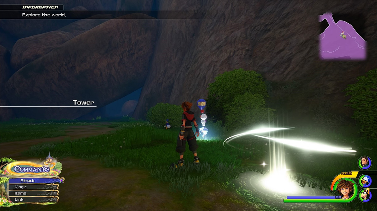 Head into the cave behind the save point to reach the Hills / Kingdom Hearts 3