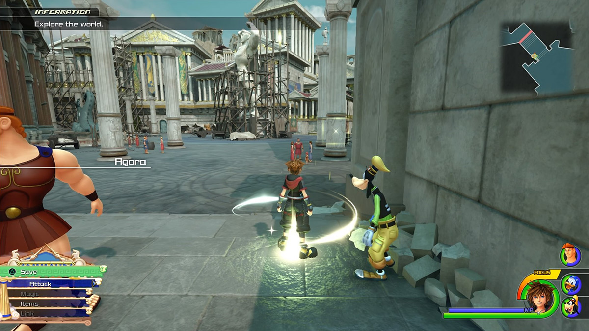 Sora and friends at the Agora save point / Kingdom Hearts 3