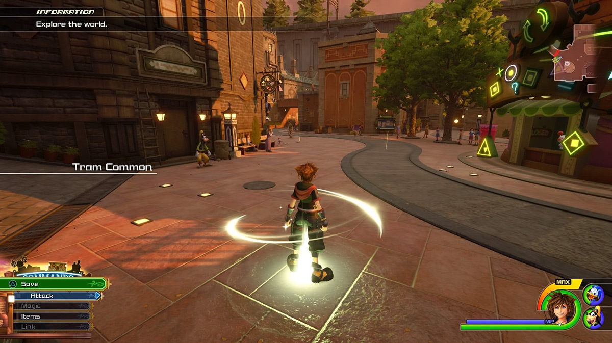 Sora at the Tram Common save point / Kingdom Hearts 3