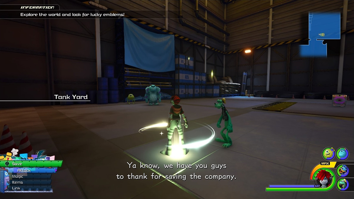 Sora at the Tank Yard save point / Kingdom Hearts 3