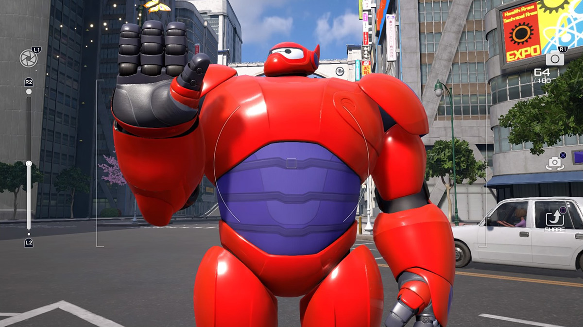 A shot of Baymax waving at a fluttering butterfly / Kingdom Hearts 3